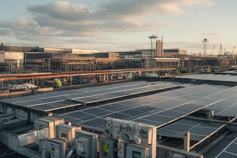 Industrial energy meters and rooftop solar panels at a busy UK facility
