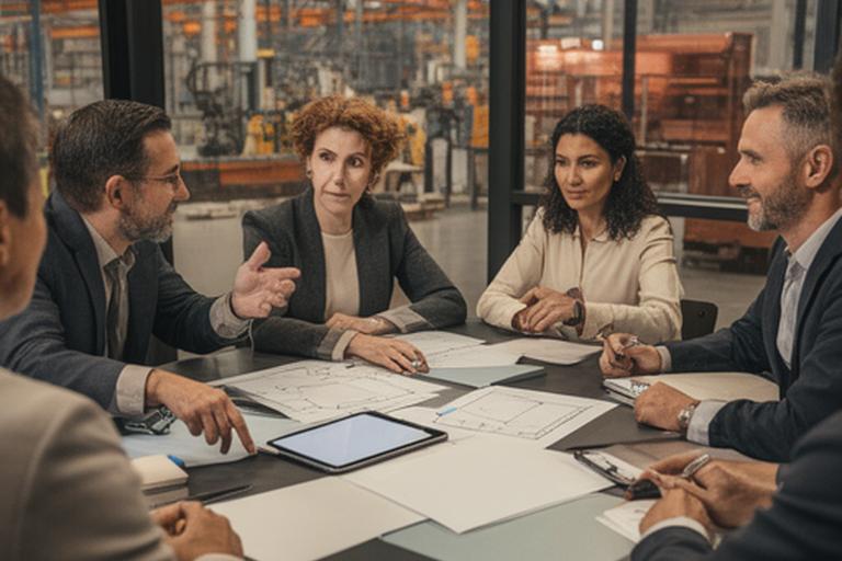 Consultants and factory leaders reviewing a practical efficiency plan around a meeting table
