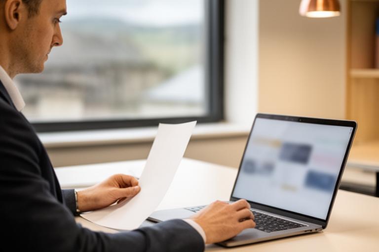 Business professional reviewing a consent form beside a laptop in a Calderdale office