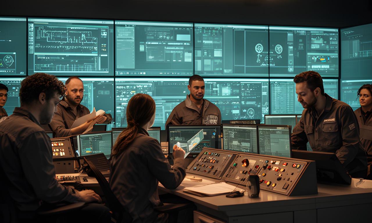 Operations team reviewing live energy and materials data on screens in a modern control room