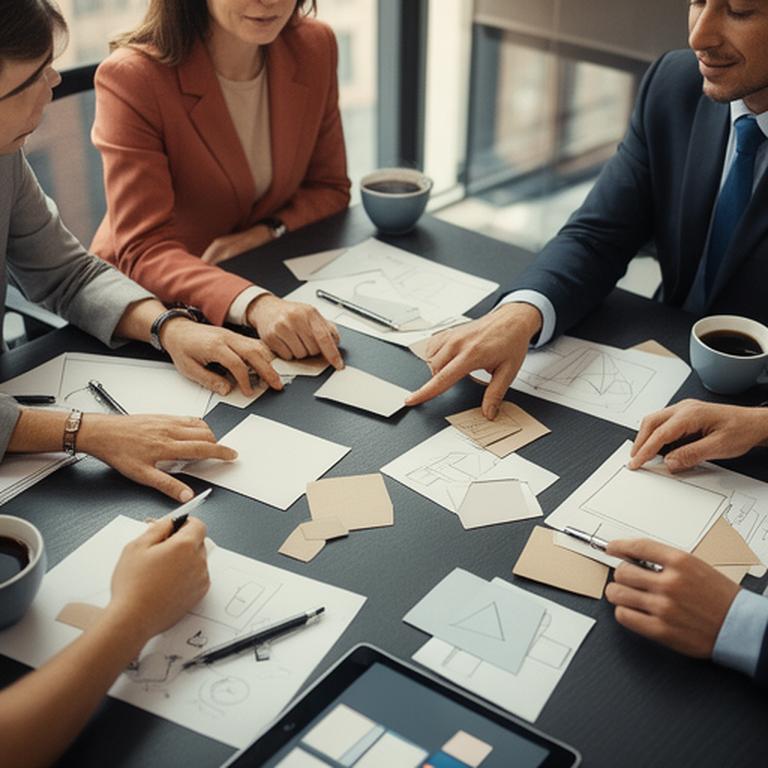 Business leaders planning practical efficiency actions around a meeting table with printed data sheets