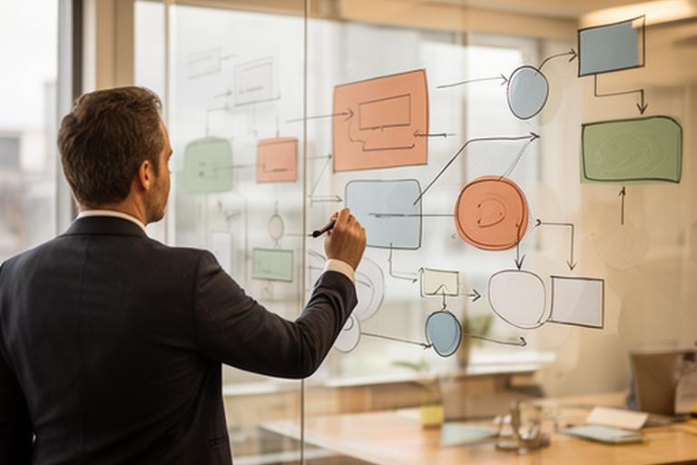 Consultant marking a process map on a glass wall during an operations review