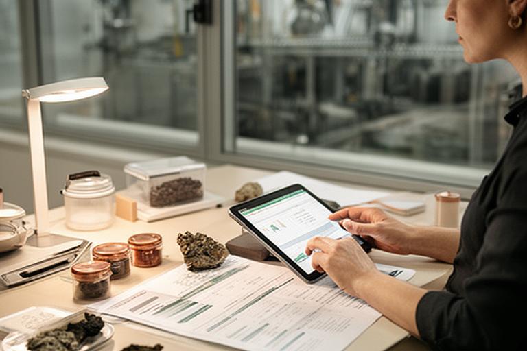 Sustainability analyst checking carbon accounting records during a resource audit