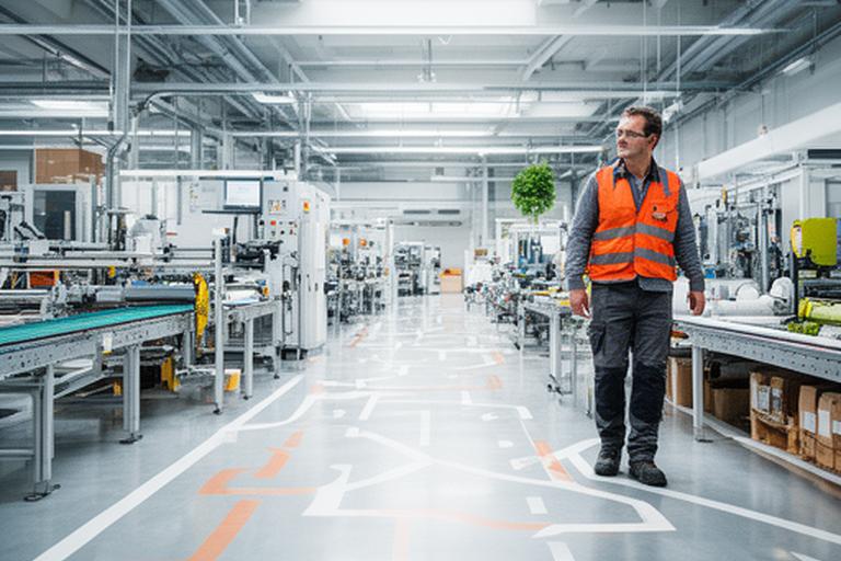 Resource engineer walking through a bright manufacturing floor with marked material routes
