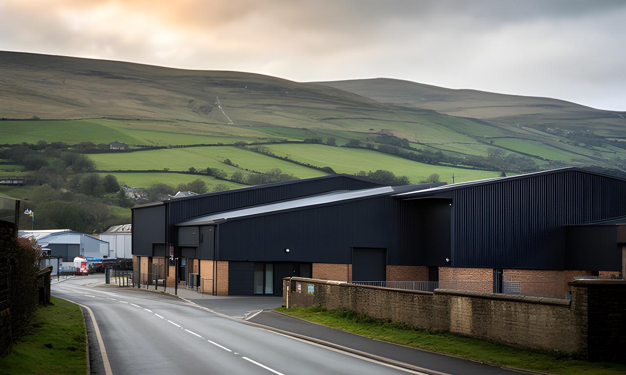Barge Avenue in Calderdale with a modern industrial building and surrounding West Yorkshire hills