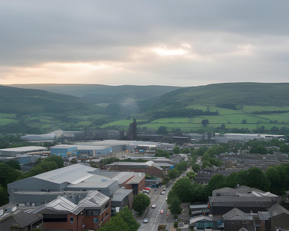 Calderdale business district in West Yorkshire with an industrial site and green hills beyond