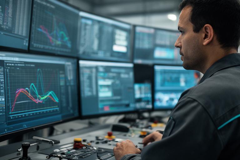 Operations specialist reviewing energy dashboards in a modern manufacturing control room