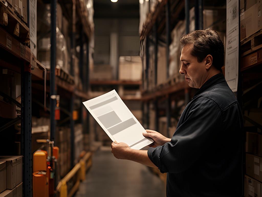 Operations manager reviewing a printed improvement plan beside warehouse inventory shelves