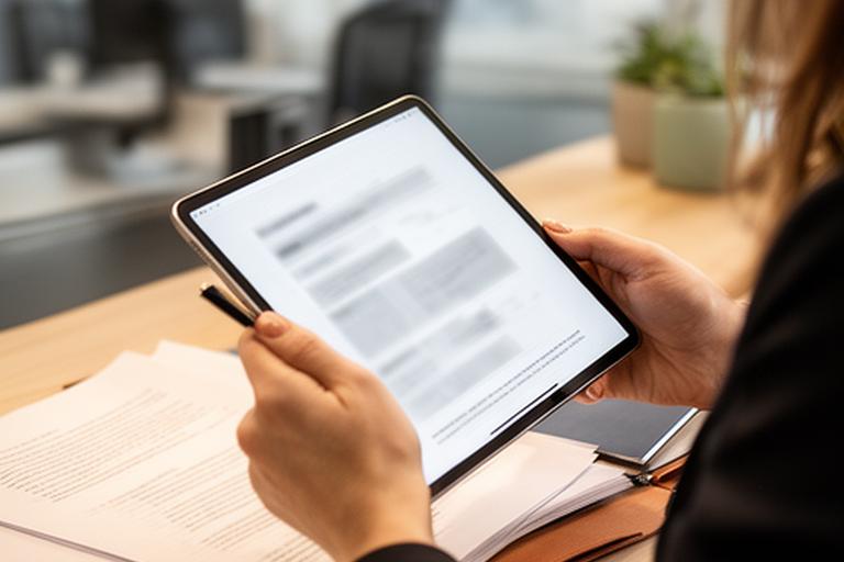 Person checking a privacy policy document on a tablet at a tidy office desk