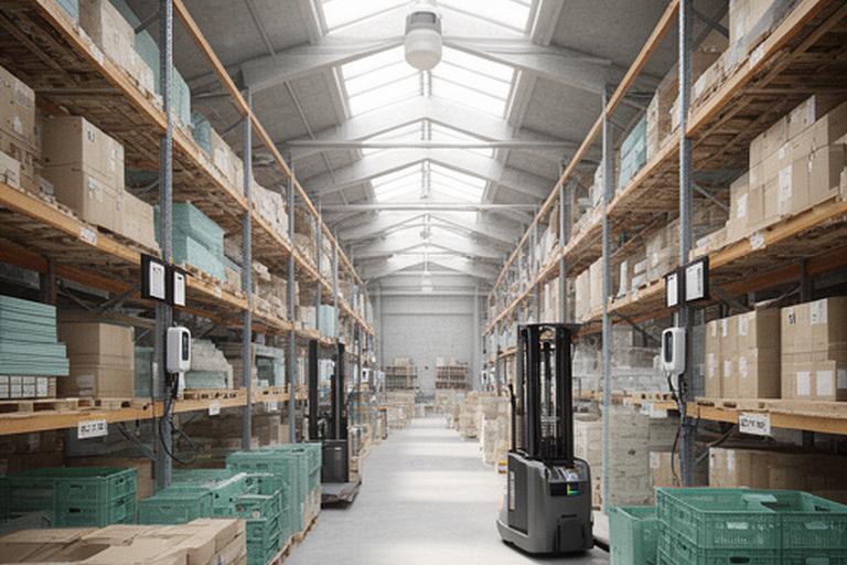 Efficient warehouse with daylight sensors, organised materials and low-carbon handling equipment