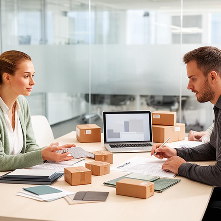 Procurement colleagues reviewing supplier deliveries and material quantities in a bright office