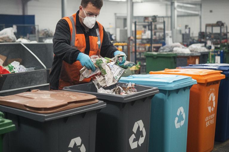 Worker sorting commercial waste into clearly marked recovery containers