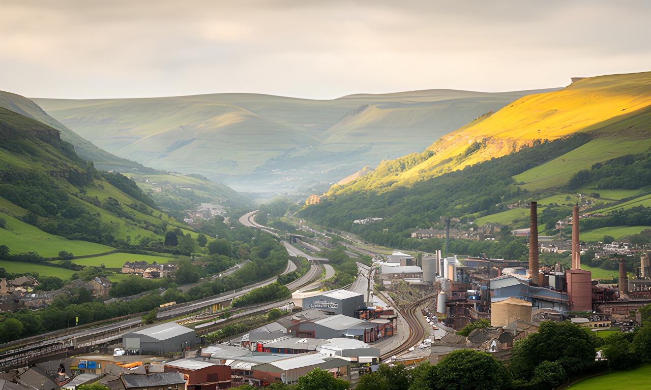 Calderdale industrial valley with green hills, transport routes and working commercial sites