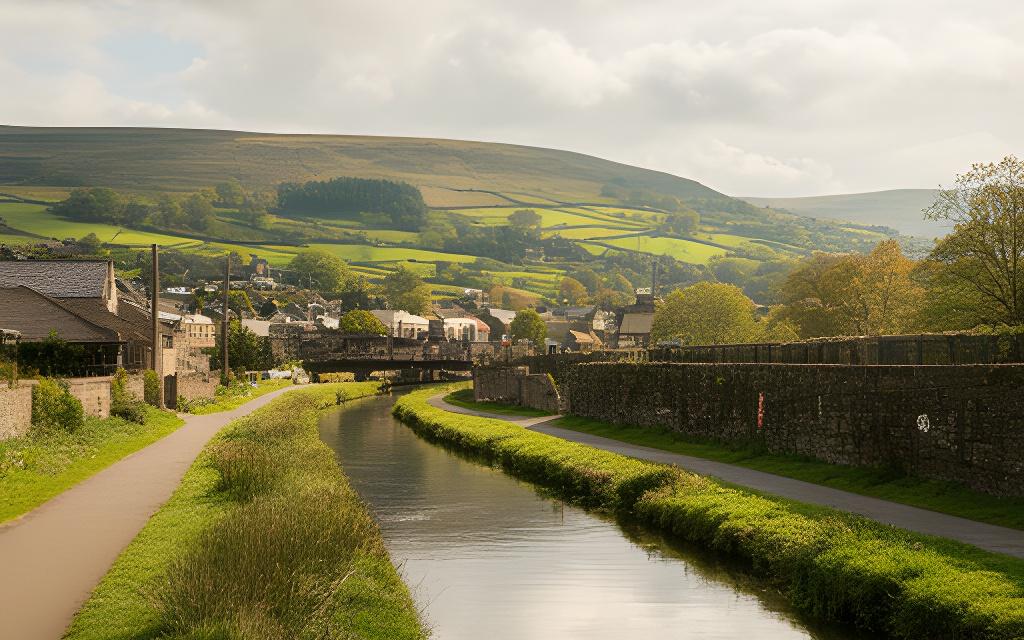 Calderdale hills and canal near Barge Avenue under a bright northern sky