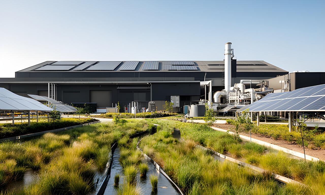 Green industrial site with solar panels, planted drainage areas and efficient machinery under a clear sky