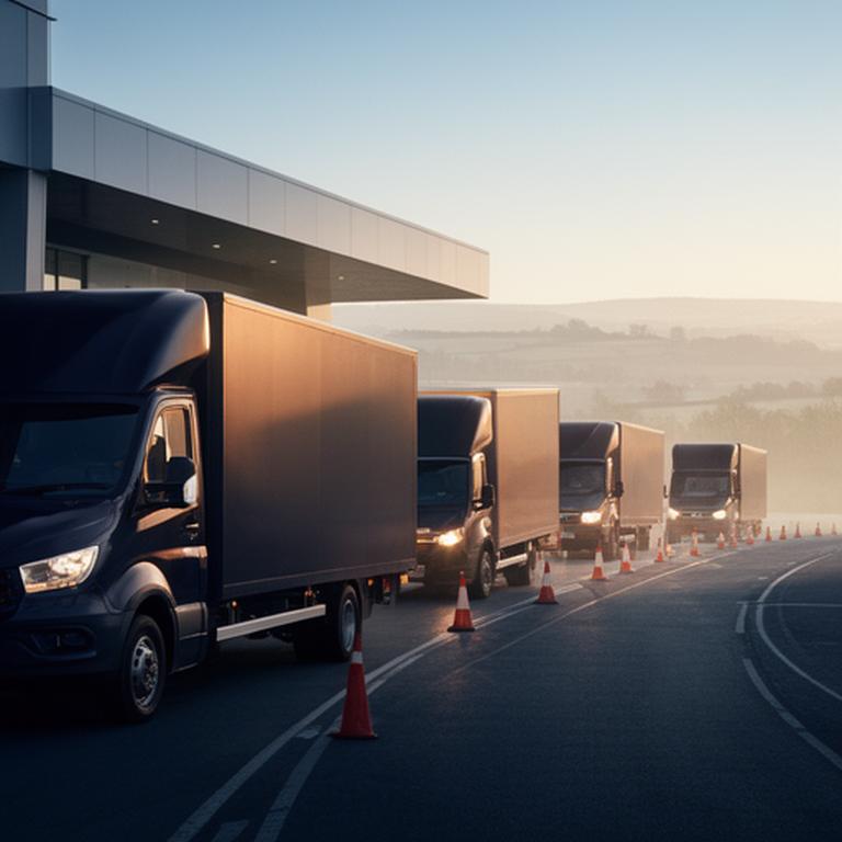 Distribution vehicles leaving a UK depot at dawn after a route planning review