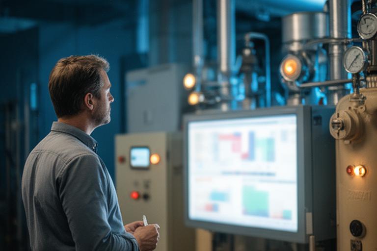 Energy analyst studying a consumption dashboard beside industrial equipment