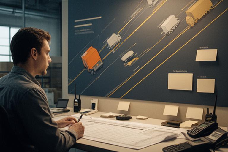 Fleet coordinator planning delivery routes and staff allocation on a wall display