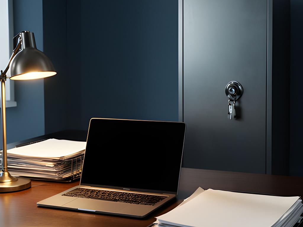 Secure modern workspace with an encrypted laptop and paper records stored in a locked cabinet