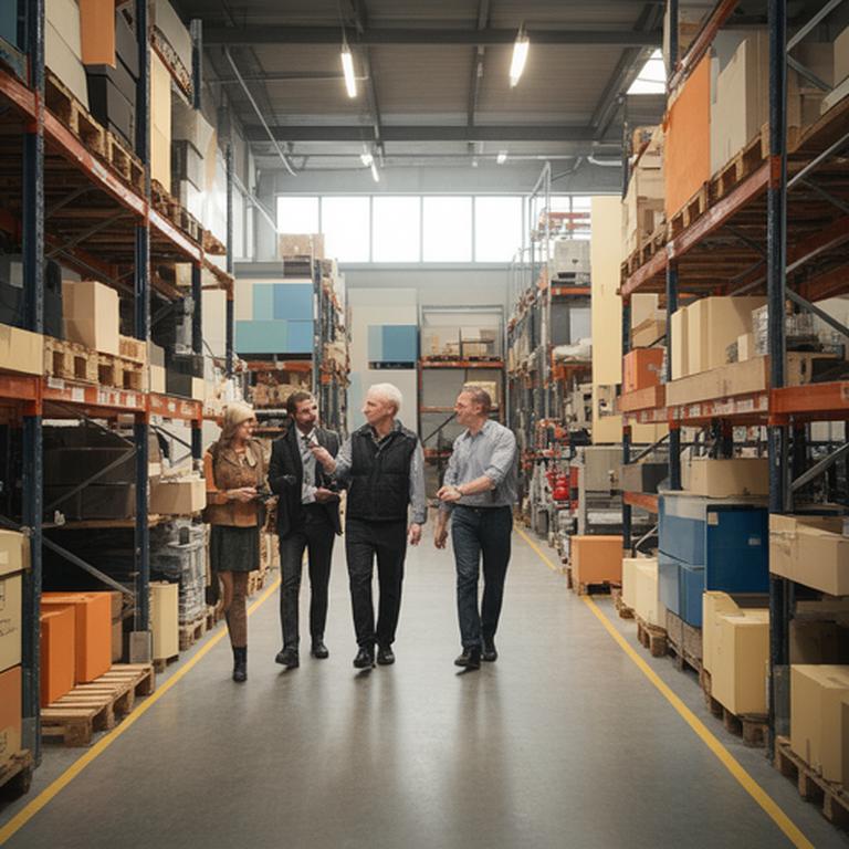 UK operations team walking through an efficient warehouse with clearly marked resource zones