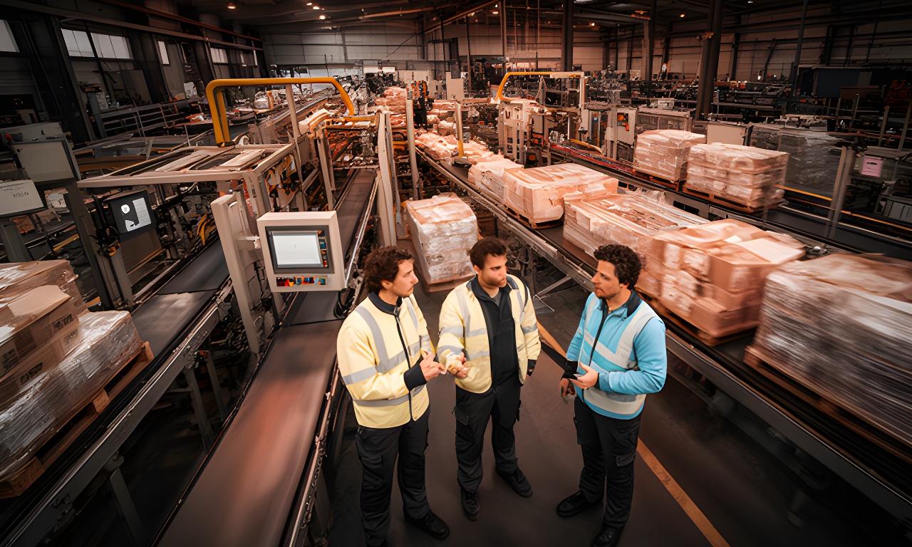 West Yorkshire production team reviewing material flow beside a busy manufacturing line