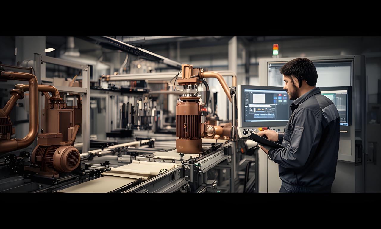 Technician reviewing live production data beside efficient industrial machinery